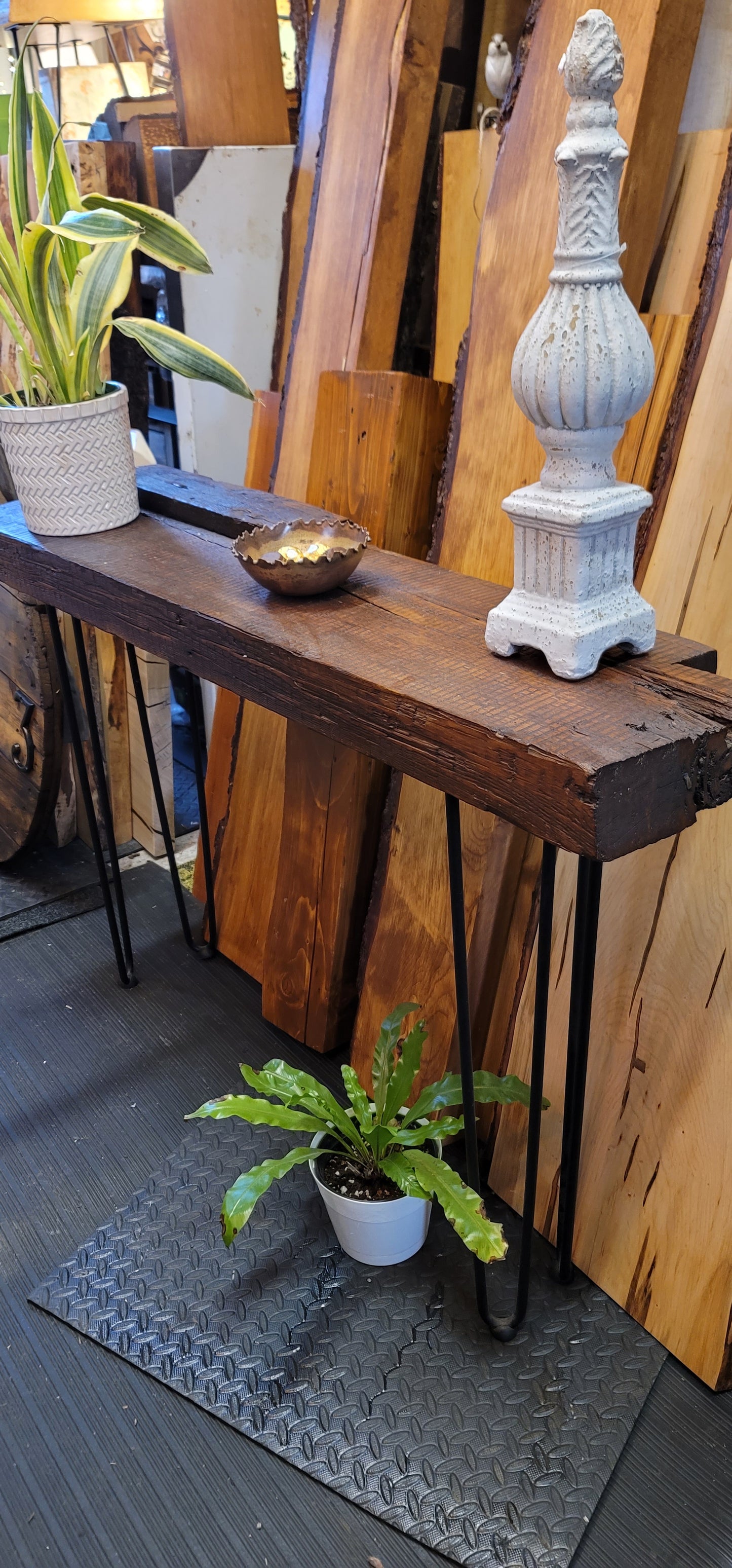 Century-old wooden console finished with beeswax.