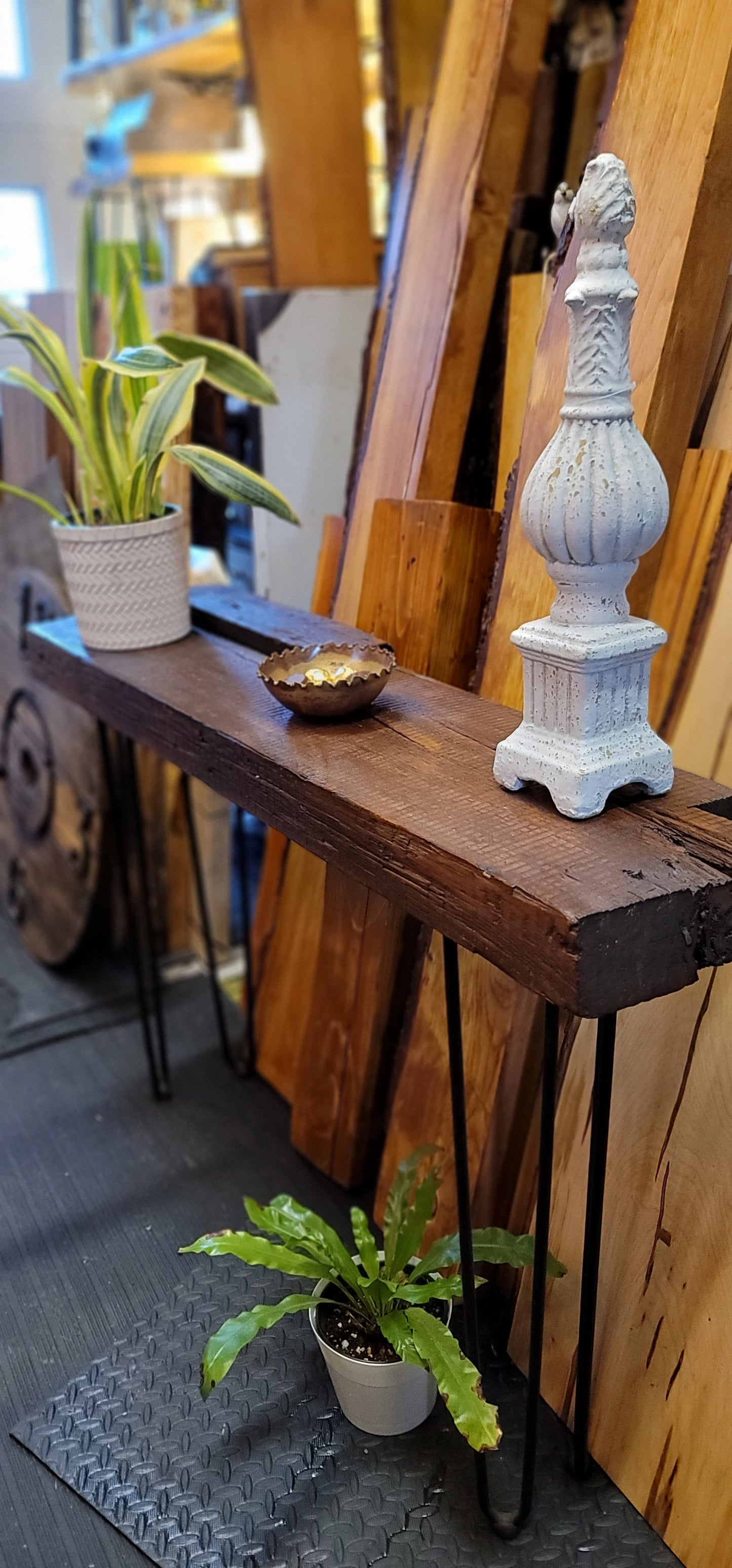 Century-old wooden console finished with beeswax.