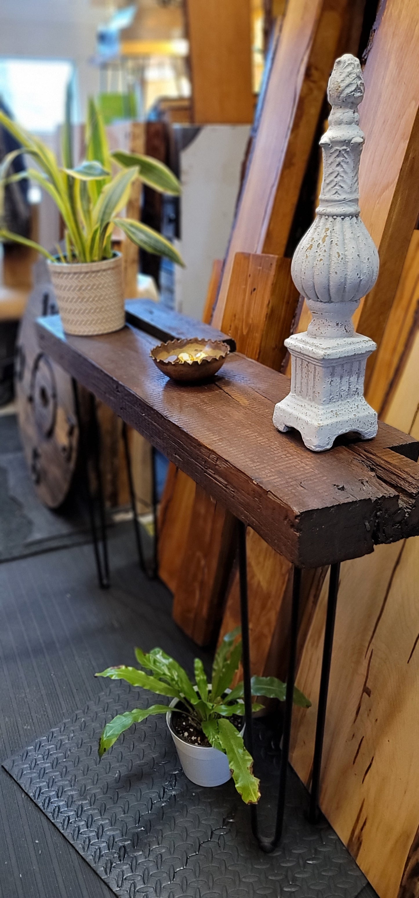 Century-old wooden console finished with beeswax.