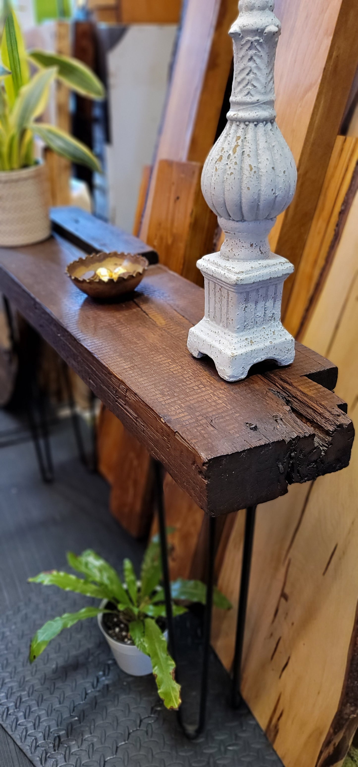 Century-old wooden console finished with beeswax.