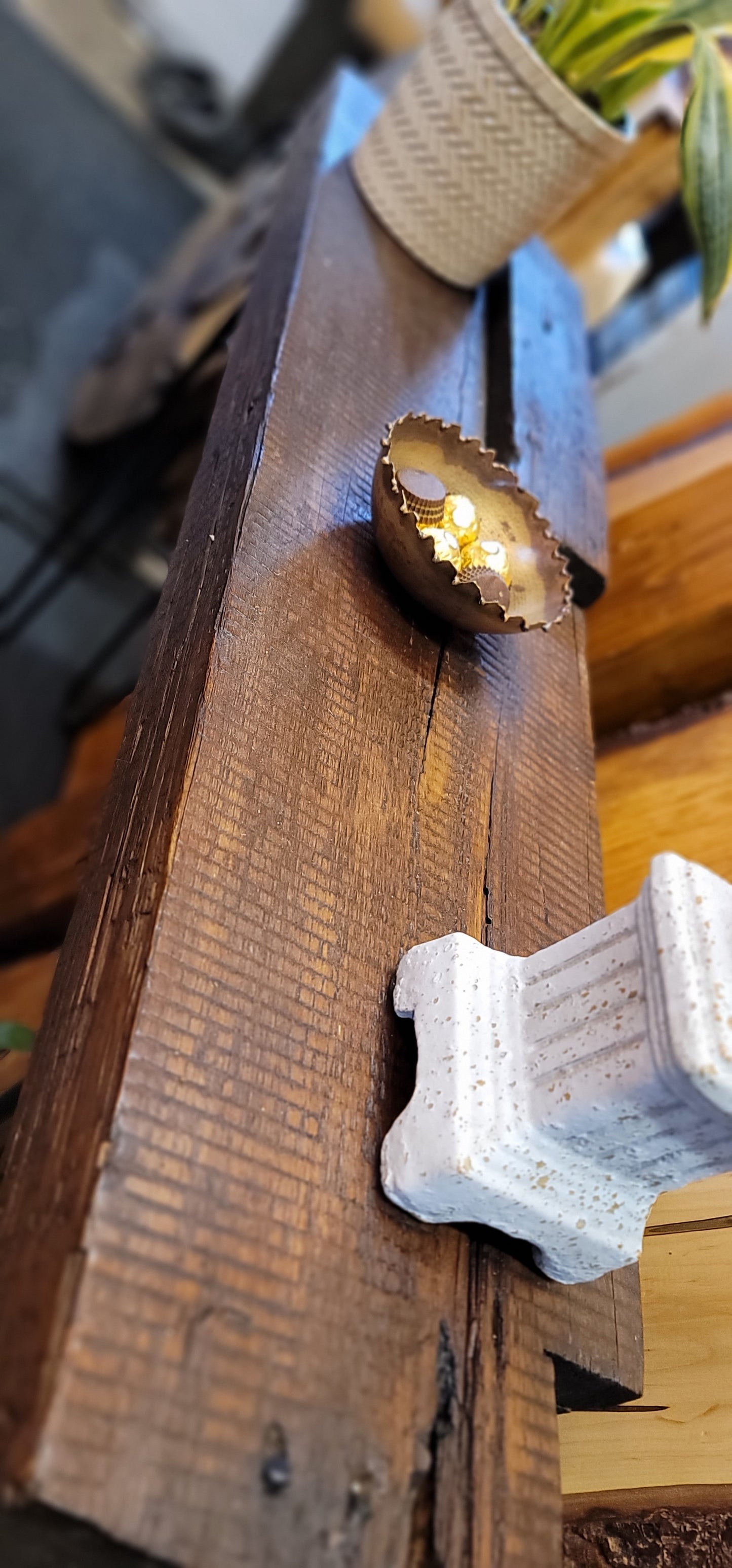 Century-old wooden console finished with beeswax.