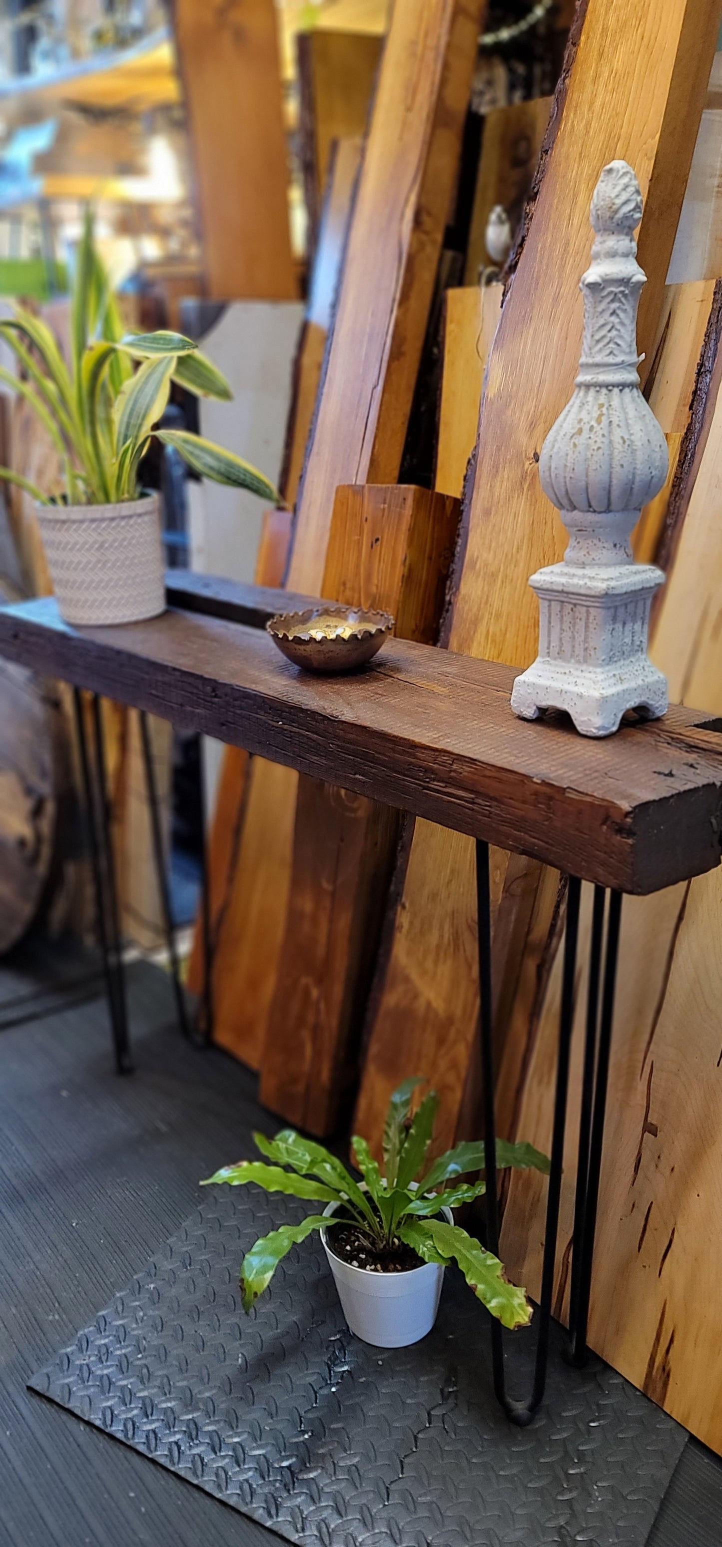 Century-old wooden console finished with beeswax.