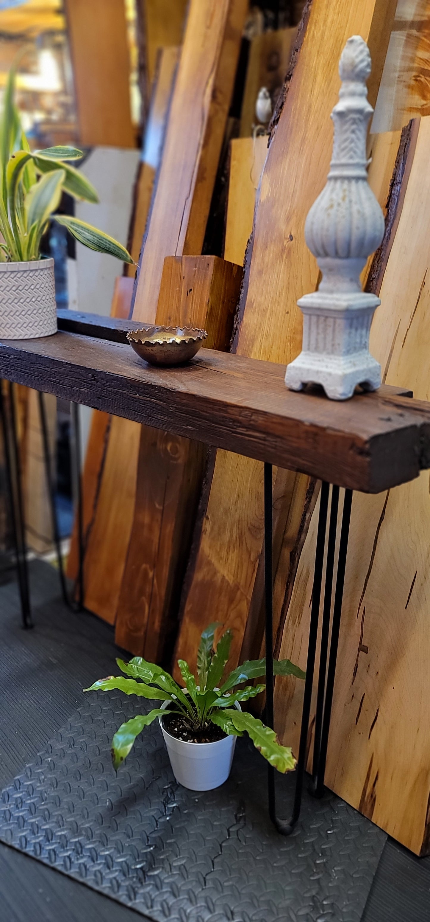 Century-old wooden console finished with beeswax.